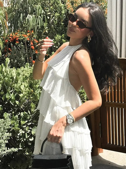 Women White Stacked Ruffle Mini Dress Elegant O-neck Sleeveless Backless A-line Halter Dresses 2025 Summer Lady Beach Vestido