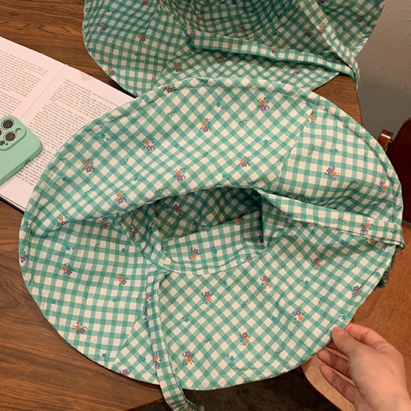 Korean Version Mint Mambo Green Plaid Summer Caps for Women Outdoor Travel Big Brim Sun Protection Versatile Straps Bucket Hat