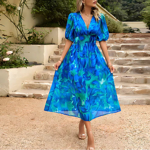 Abstract Floral Print Puff Sleeve Surplice V-Neck Cinched Waist Midi Dress