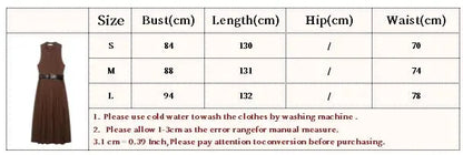 Fashion Brown Sleeveless Long Dress With Belt Round Neck Fashion Pleat Summer Dress Button Elegant Chic Femme Vestidos