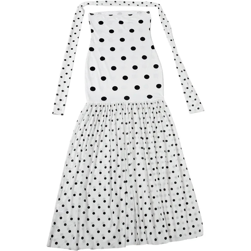 Sexy White Dot Print Strapless Maxi Dress with Matching Scarf for Women Summer Sleeveless Mesh Patchwork Vacation Dress