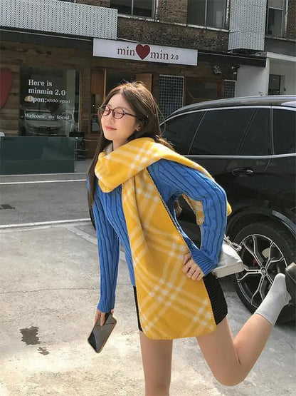 Autumn Winter New Blue Short Knitted Pullover Twists Sweater Korean Fashion Women's V Neck Long Sleeved Versatile Crochet Tops