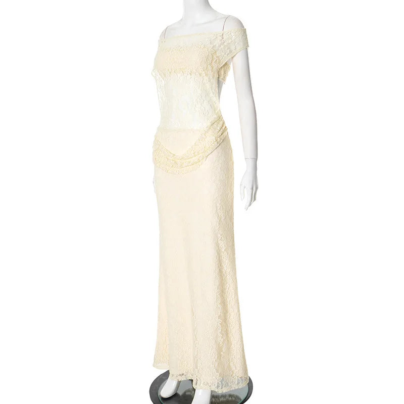 Off Shoulder Floral Lace Asymmetric Neckline Bodycon Maxi Dress