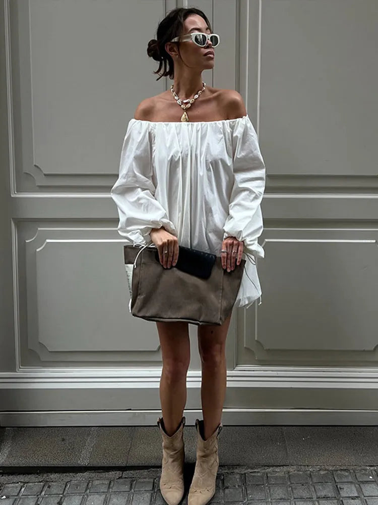 Boat Neck Backless Dress Woman Pleats Solid Color Loose Short Floral Bud Dresses Casual Versatile Fashion Women's Chic New Dress