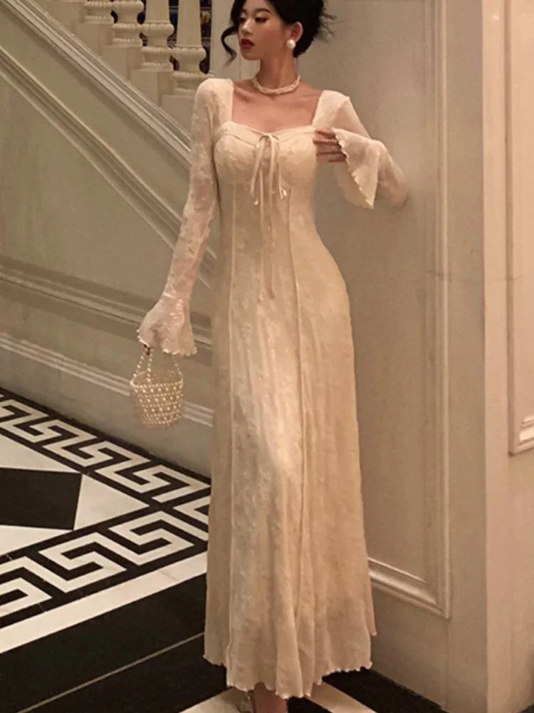 Women's Solid Midi Dress Flare Sleeves Square Collar A-Line Lace Up Autumn Spring French Elegant Vintage Prom Robe Vestidos New