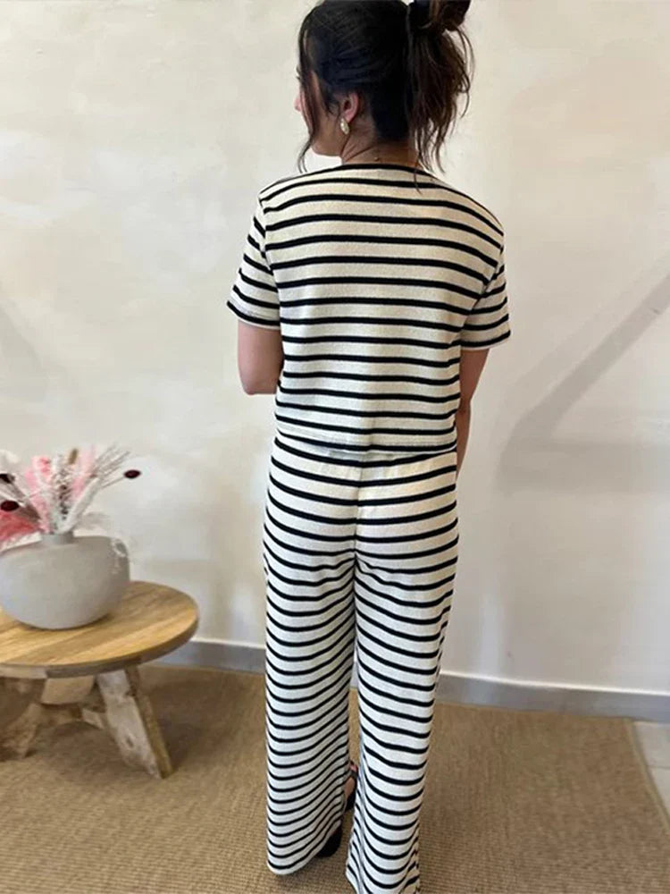 Casual Striped Lace Up Shirt Long Pant Set Women Versatile Loose Full Sleeve Open Shirts Wide Leg Pants Sets Female Chic Outfits