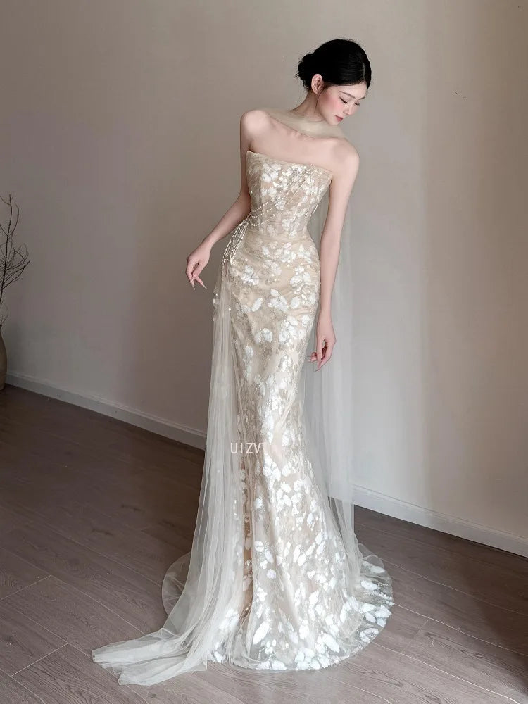 Elegant Strapless Mermaid Wedding Party Dresses Shiny Sequins Court Training Lace Decal Prom Gown Customized Vestido De Novia