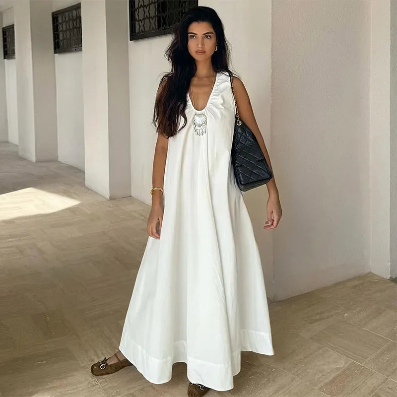 Elegant V-neck Long Dress Women Loose White Sleeveless Backless A-line Beach Dresses 2025 Summer Lady Casual Solid Chic Robes