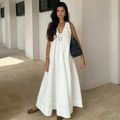 Elegant V-neck Long Dress Women Loose White Sleeveless Backless A-line Beach Dresses 2025 Summer Lady Casual Solid Chic Robes