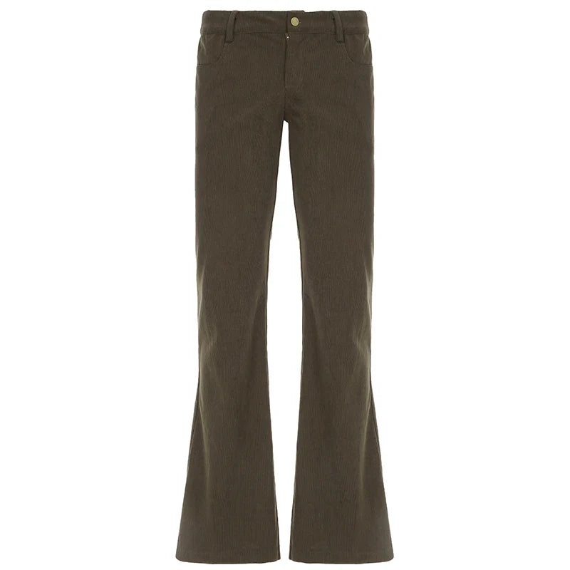 Women Corduroy Flare Pants Retro Green Low Waisted Skinny Boot Cut Trousers Autumn Y2K Streetwear Outfits Casual