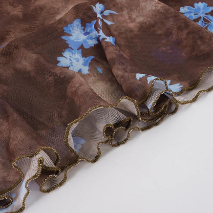 Women Vintage Brown Floral Print Midi Skirt High Waist Ruched Front Ruffle Hem Mermaid Skirt Elegant Slim Bodycon Mesh Mid Skirt