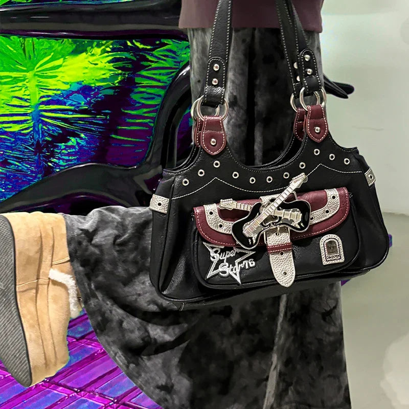Cool Y2k Girls Underarm Bags Fashion Pu Leather Women's shoulder Bag Punk Metal Guitar Decorate Shoulder Crossbody bags