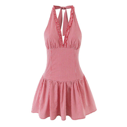 Fashionable Short Red Plaid Dress Women Sexy Backless A-line Mini Summer Halter Dress Vacation Robe 2026
