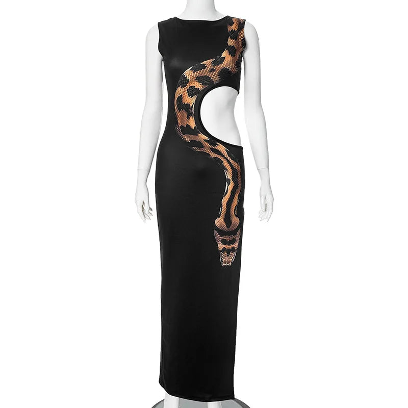 Crew Neck Snake Print Side Cutout High Slit Maxi Dress