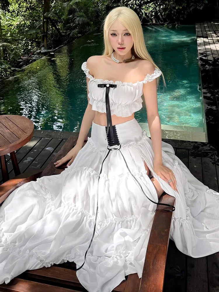 Puss Sweet 2-Piece Set Women Y2K Slash neck Patchwork Lace Bow Crop Tops+High Split Bandage Skirts Matching Vacation Suits