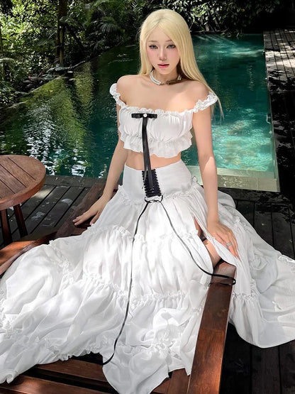 Puss Sweet 2-Piece Set Women Y2K Slash neck Patchwork Lace Bow Crop Tops+High Split Bandage Skirts Matching Vacation Suits