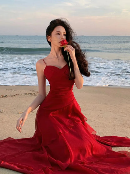 Women Elegant Red Ruffles Waist Cinching Dress Sexy Strap Backless A-Line Long Robe Summer New Style Holiday Evening Dresses