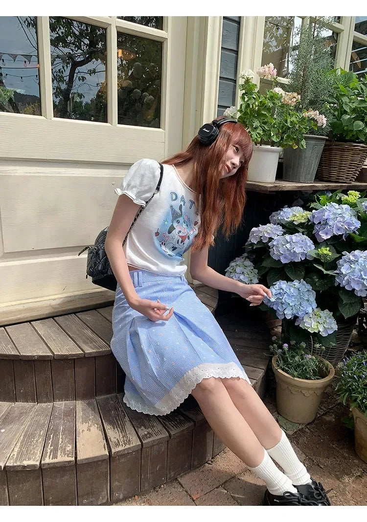 Elegant Skirts Women Floral Printed Plaid Lace Patchwork Spring Summer Sweet Vintage Fashion Female Skirt Casual
