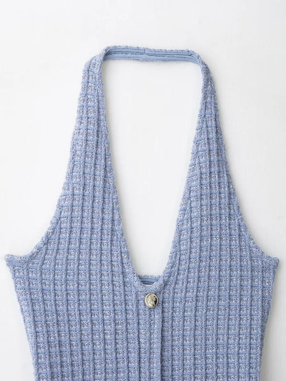 Halter Neck Single Breasted Knit Women Dress Sleeveless Tight Blue Summer Short Dress 2025 New Sexy French Woman Clothing