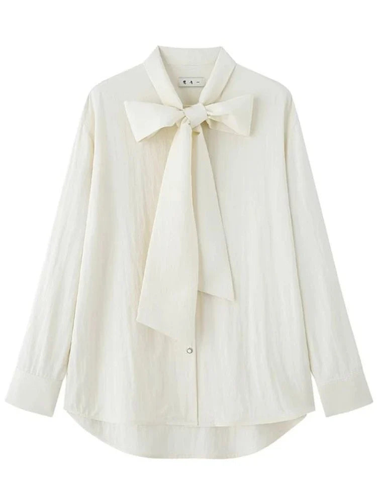 Elegant Beige Blouse Women Chic Bow Tie Long Sleeve Shirt Female Oversized Office Ladies Fashion Vintage Spring Clothes