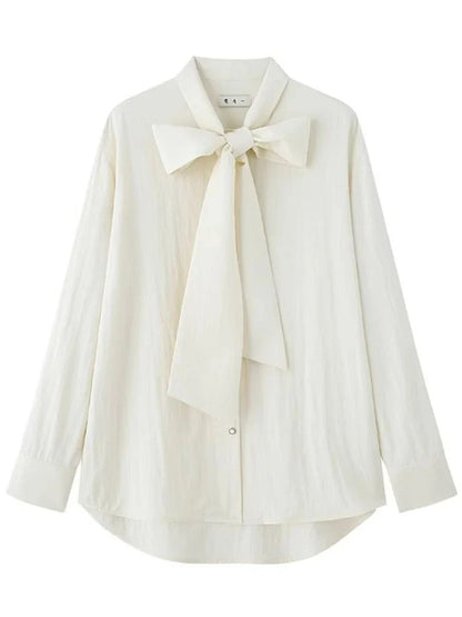 Elegant Beige Blouse Women Chic Bow Tie Long Sleeve Shirt Female Oversized Office Ladies Fashion Vintage Spring Clothes