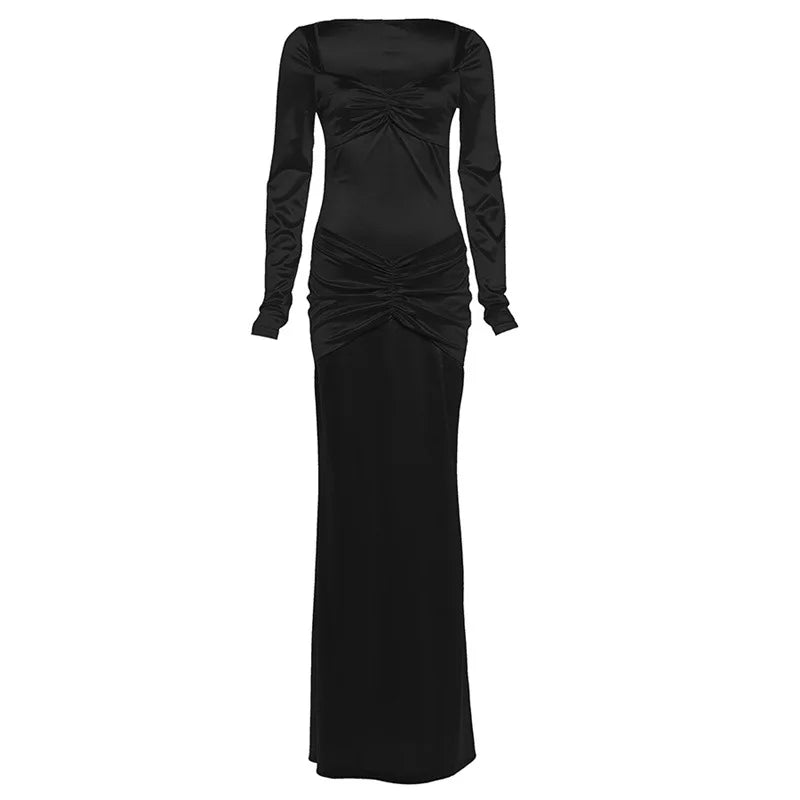 Women Elegant Satin Ruched Bodycon Maxi Party Dress Sexy Strapless Full Sleeve Back Split Evening Gown Birthday Long Robe