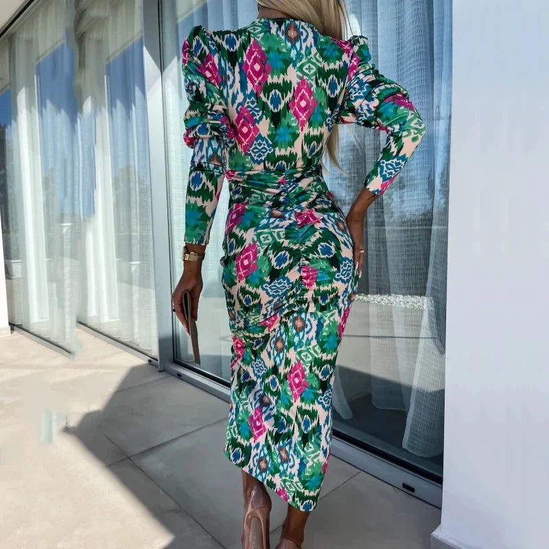 Women Sexy Floral Print Bohemian Long Dress Spring Deep V-neck Slim Bodycon Party Dress Autumn Puff Sleeve Front Slit Maxi Dress