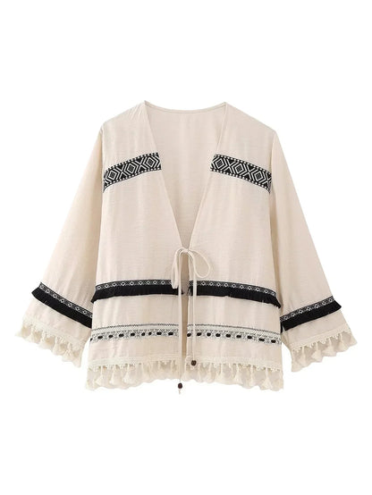 Tassel Casual Loose Apricot Blouse Top Summer Autumn 3/4 Sleeve Tie Up Holiday New Blusa Mujer 2024 V Neck Top
