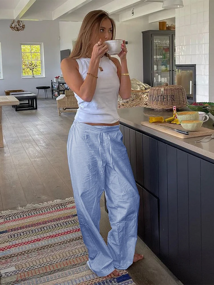 Checkered Loose Casual Long Pants For Women's Fashion Lace Up Button Versatile Low Rise Trousers Lounwear Y2K Outerwear