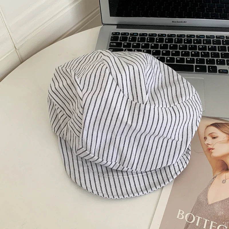 Japanese Classic Color Matching Striped Newsboy Hats Women Summer Breathable Versatile Show Face Small Retro Literary Berets
