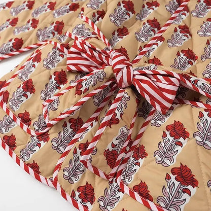 Autumn Winter Totem Flower Striped Print Tie Bow Sashes Quilted Reversible Coat Women Quilting Full Sleeve Loose Jacket