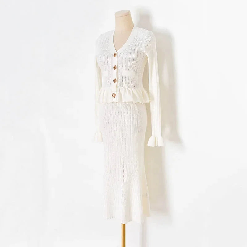 Ribbed Knit Ruffle Hem Button Front Cardigan and Mermaid Midi Skirt Set