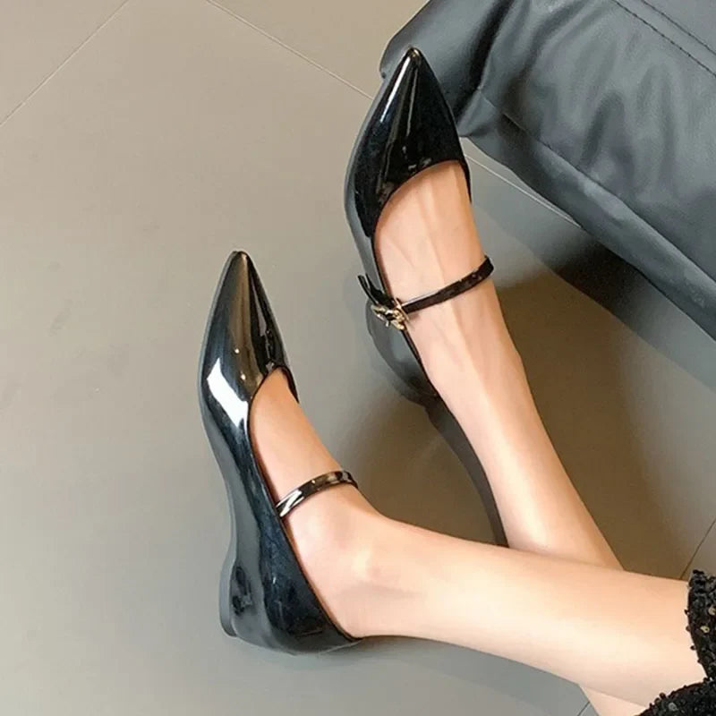 Women 5cm Heels Wedges Mary Jane Thin Shoes Sexy Buckle Strap Pointed-toe Pumps Solid Color Patent Leather Heels Lady Work Shoes