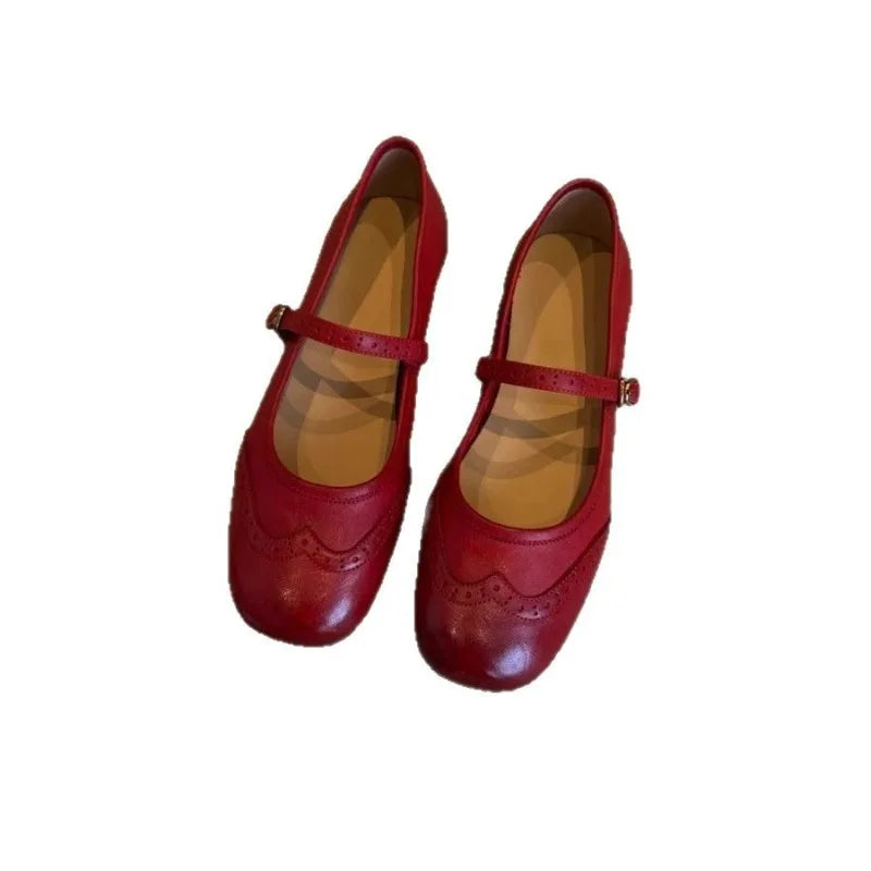 Retro Round Head Red Single Shoes Shallow Mouth One-word Buckle with Engraved Small Leather Shoes Flat Mary Jane Shoes