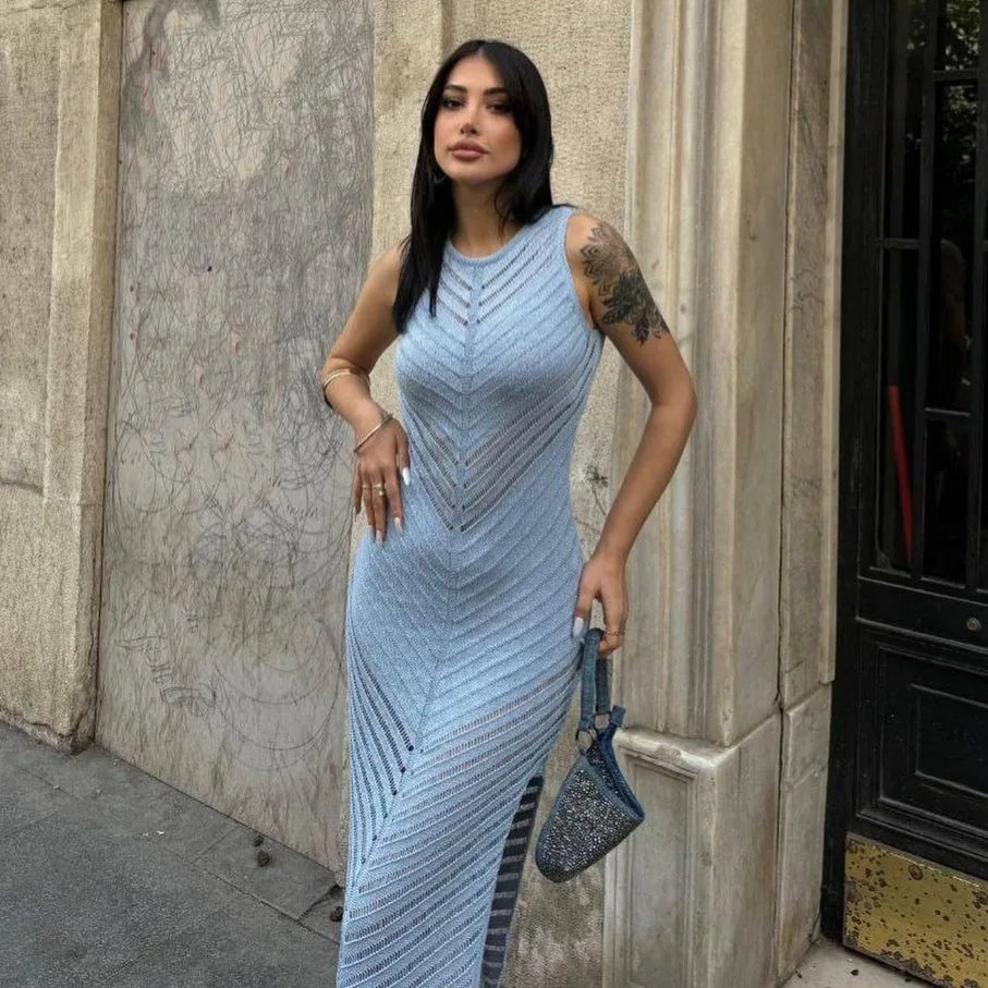 Chevron Mesh Panel Crew Neck Sleeveless Side Slit Knit Maxi Dress