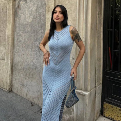 Chevron Mesh Panel Crew Neck Sleeveless Side Slit Knit Maxi Dress