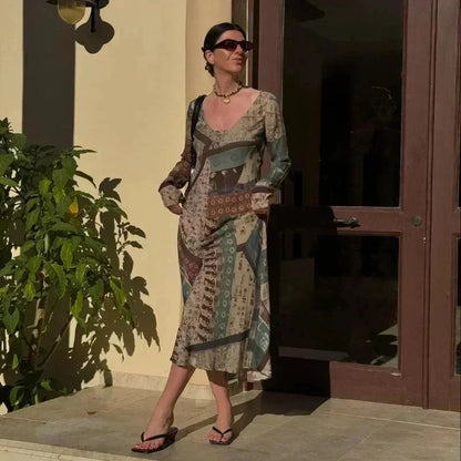 Summer New Ins Retro Printed Dress Women Patchwork Chiffon Bodycon Maxi Dresses Long Sleeve V Neck Slim Robes Lady Streetwear