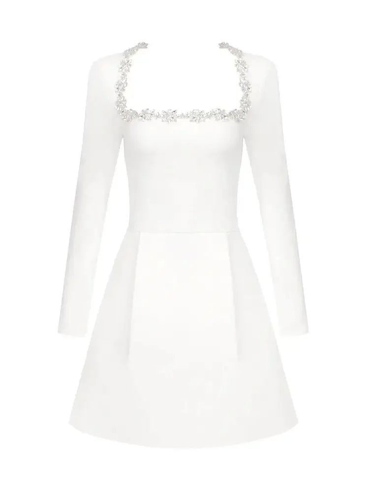 Square Neck Crystal Floral Trim Padded Shoulder Pleated Mini Dress