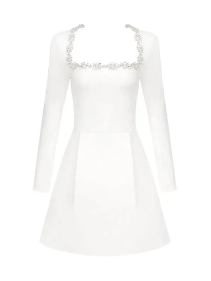 Square Neck Crystal Floral Trim Padded Shoulder Pleated Mini Dress