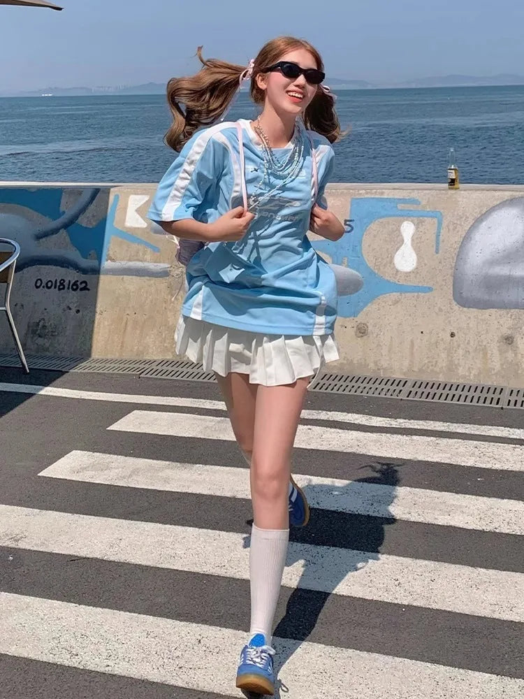 Y2k Blue Contrast Oversized T Shirt Sport Short Sleeve V-neck Tops American Retro Patchwork Design Women Clothes Summer
