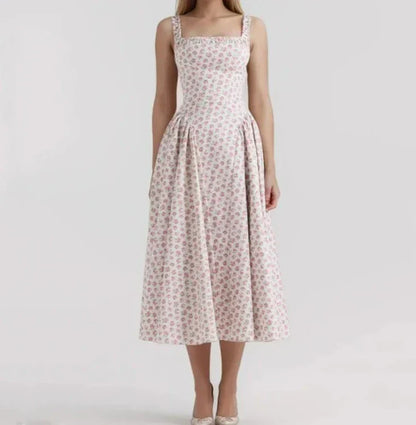 Square Neck Ruffle Strap Ditsy Floral Fit and Flare Midi Dress