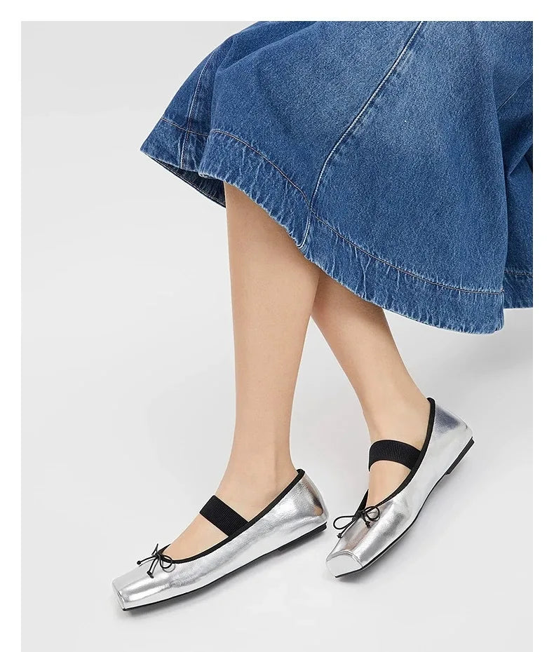 sweet pink silk flat shoes woman square toe bowtie ballet flats silver leather mary janes shoes elastic band moccasions women