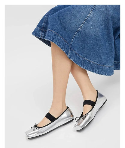 sweet pink silk flat shoes woman square toe bowtie ballet flats silver leather mary janes shoes elastic band moccasions women