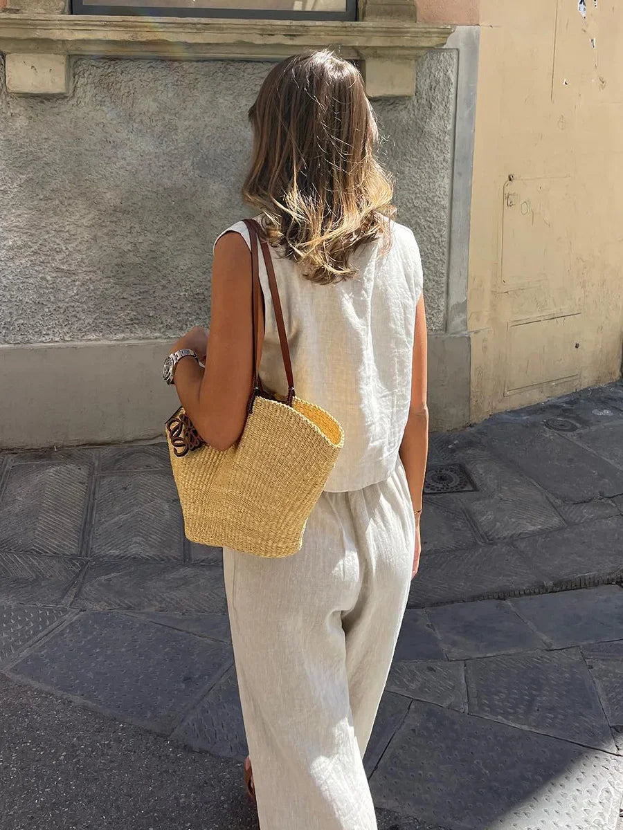 Women's Summer Cotton Linen Vest Pants Set Office Lady Chic Short Vest Casual Trousers Female Loose Long Pants Suits