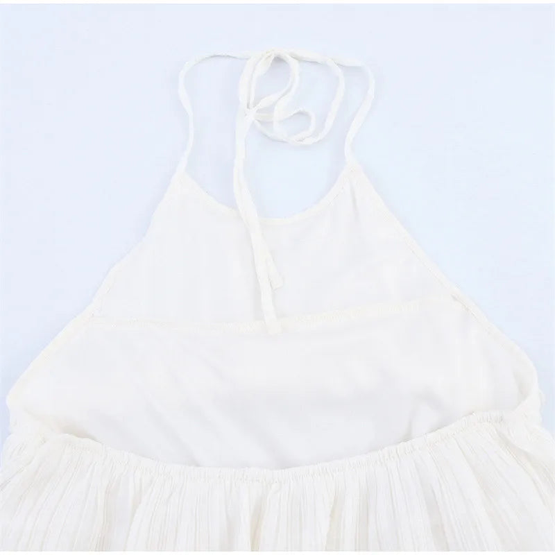 Women White Stacked Ruffle Mini Dress Elegant O-neck Sleeveless Backless A-line Halter Dresses 2025 Summer Lady Beach Vestido