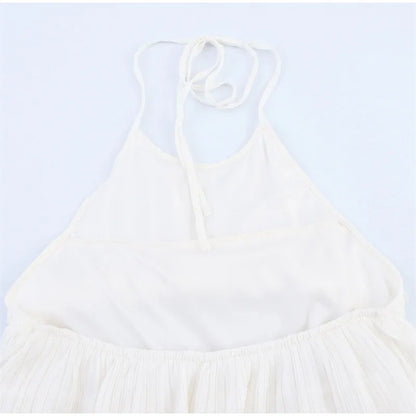 Women White Stacked Ruffle Mini Dress Elegant O-neck Sleeveless Backless A-line Halter Dresses 2025 Summer Lady Beach Vestido