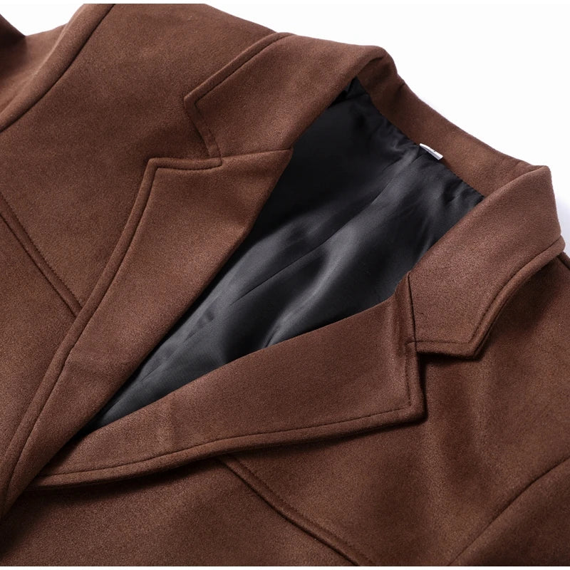 Suit Suede Leather Coat Women Brown Lapel Pocket Single Button Mid Length Jackets 2025 Spring Vintage Fashion Lady Outwear Top