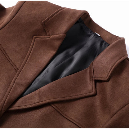 Suit Suede Leather Coat Women Brown Lapel Pocket Single Button Mid Length Jackets 2025 Spring Vintage Fashion Lady Outwear Top