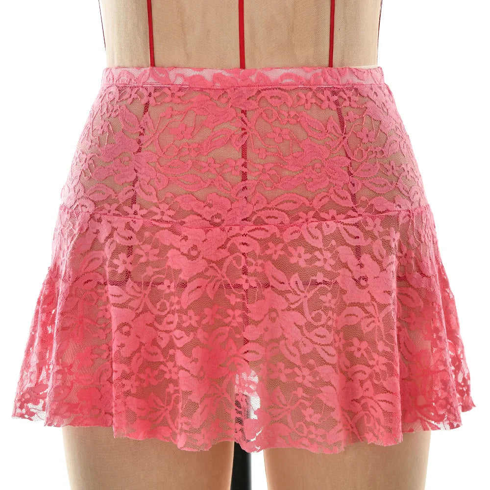 Fashion Sexy See-through Lace Skirts Women Summer Casual Package Hip Pink Skirt Streetwear Y2K Girls Holiday Party Dress