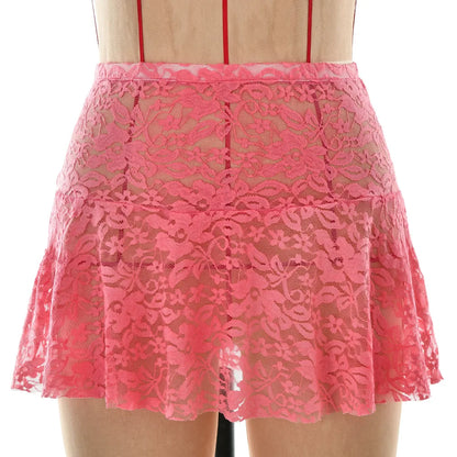 Fashion Sexy See-through Lace Skirts Women Summer Casual Package Hip Pink Skirt Streetwear Y2K Girls Holiday Party Dress